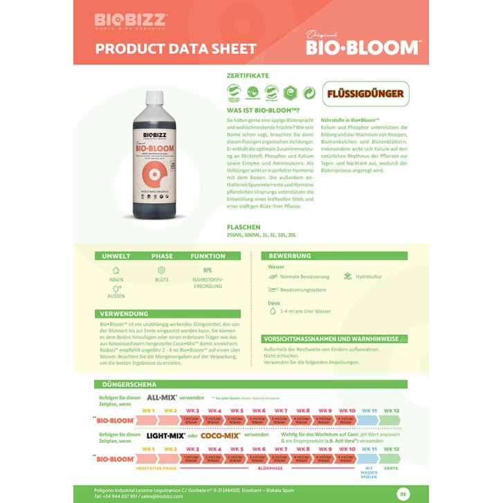 Biobizz Bio-Bloom liquid fertilizer 1 L, organic liquid fertilizer to support the flowering phase
